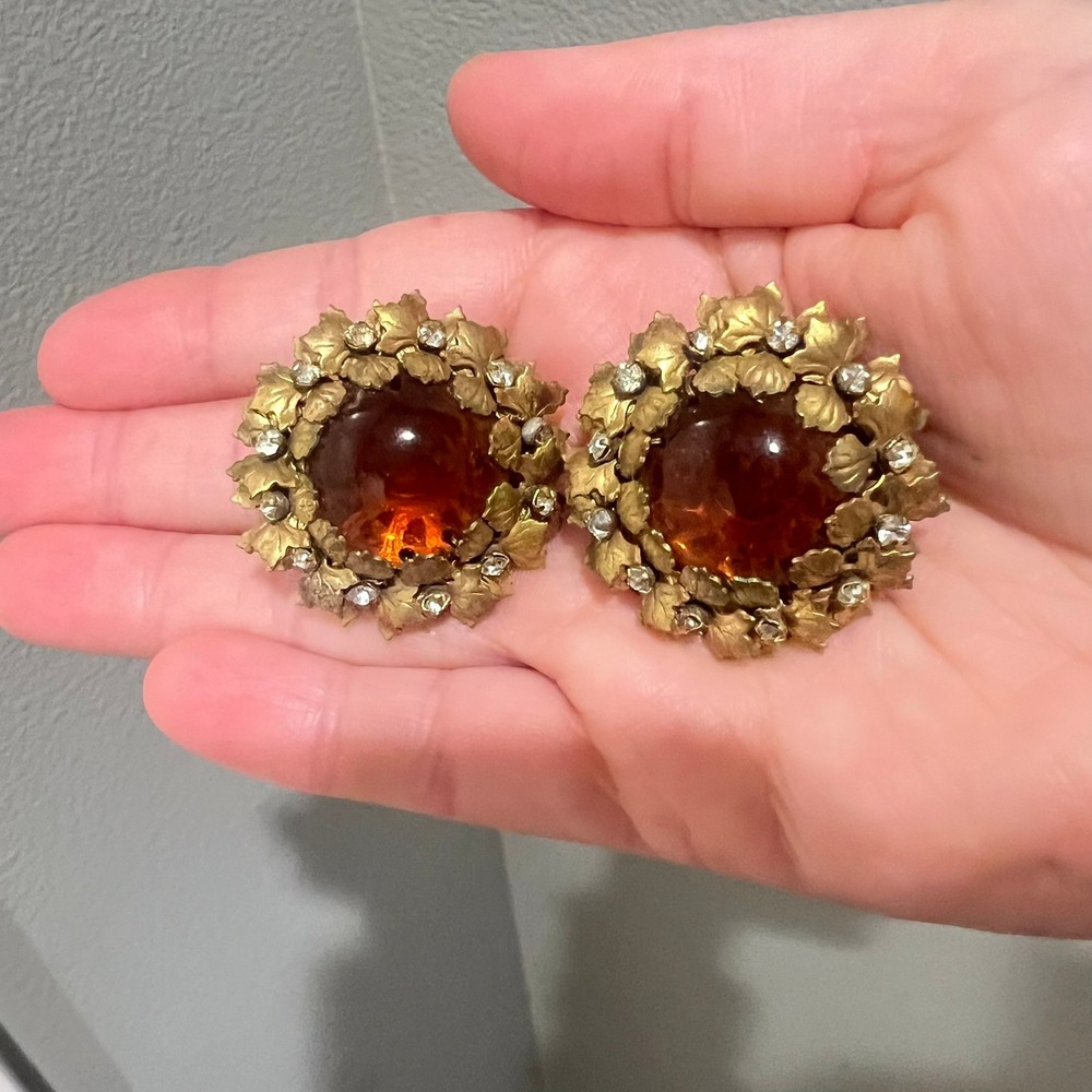 Vintage 1960s Miriam Haskell Amber Glass Rhinestone Leaf Clip On Earrings